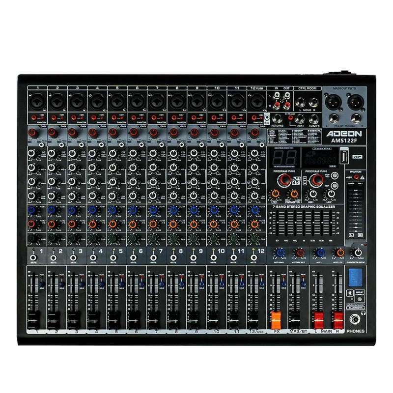 ADEON AMS-122F 12-Channel Professional Audio Mixer | Bluetooth/USB Playback | Black