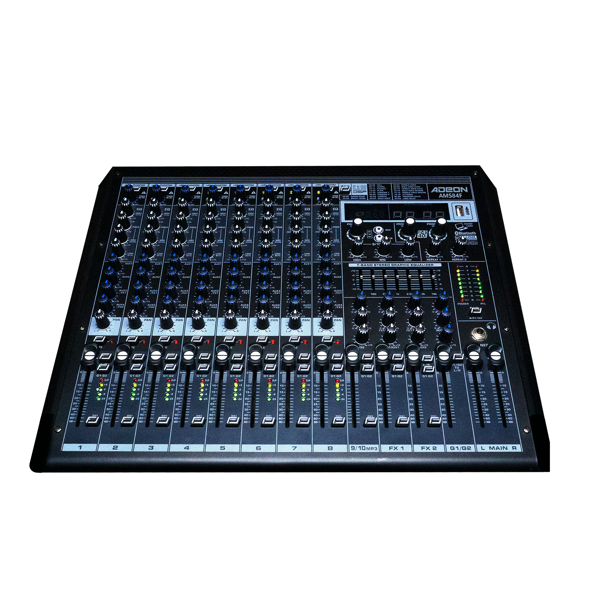 ADEON AMS84F Professional Audio Mixer Console with USB, Bluetooth & Multi-Channel Sound Effects for DJ, Karaoke, Live Performance, Studio Recording & PA Systems