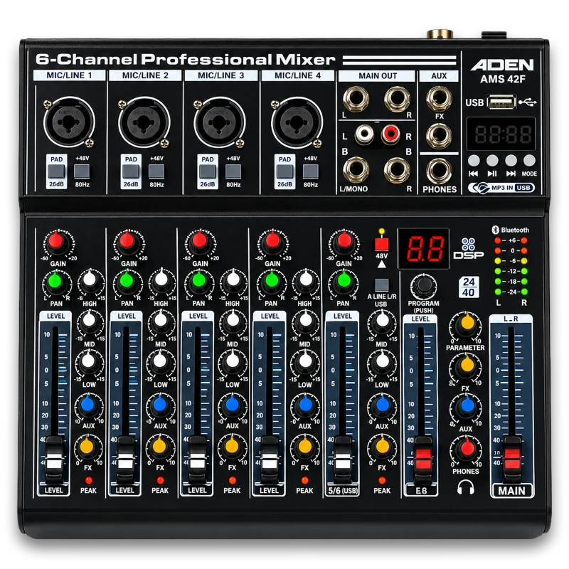 ADEON AMS-42F 4-Input Professional Audio Mixer | Bluetooth/MP3 Playback and 99 DSP Effects
